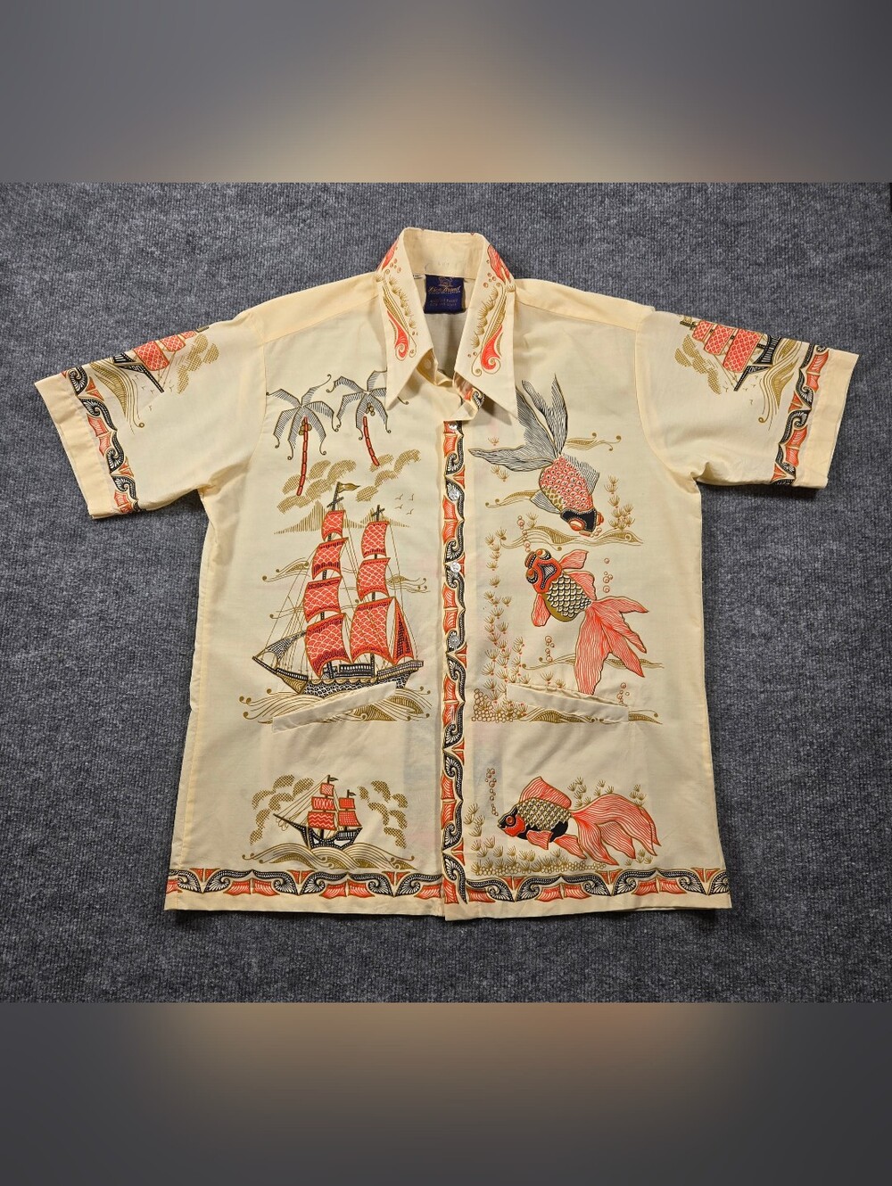 Vintage 70s Lion Brand Rockabilly Tiki Hawaiian Shirt Koi Nautical Print Large